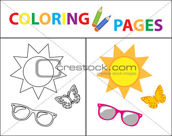 Coloring book page. Summer set, glasses, sun, butterfly. Sketch outline and color version. Coloring for kids. Childrens education. Vector illustration.
