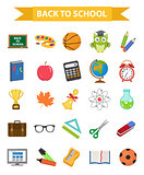 Back to school icon set, flat, cartoon style. Education collection of design elements with stationery, pencil, pen, eraser, globe. Isolated on white background. Vector illustration, clip-art.