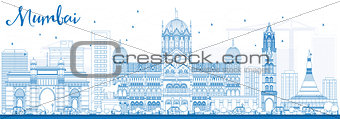Outline Mumbai Skyline with Blue Landmarks. 