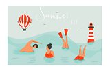 Hand drawn vector abstract cartoon summer time fun swimming people group collection set isolated on blue ocean waves.