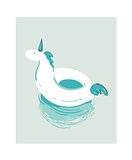 Hand drawn vector abstract cartoon summer time fun illustration with white unicorn swimming pool buoy float circle isolated on blue background.