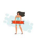 Hand drawn vector cartoon summer time fun illustration with young girl riding on long board isolated on white background