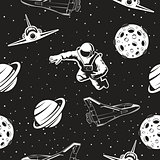 Space seamless pattern. Black and white version.
