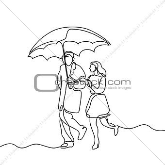 Couple walking under umbrella.
