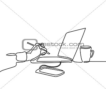 continuous line drawing of laptop computer coffee
