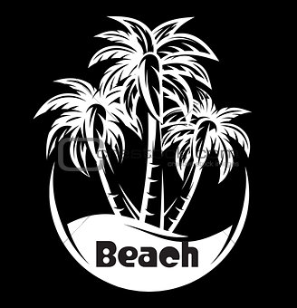 Palm tree and waves of a night beach. vector illustration