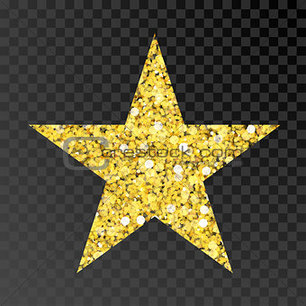 Gold glitter vector star. Golden sparcle star on black transparent background. Amber particles.