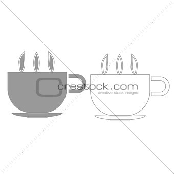 Cup with hot tea or coffee  grey set  icon .