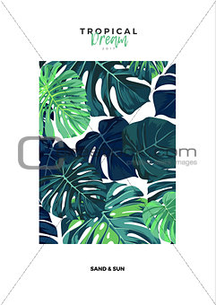Summer vector tropical design with green monstera palm leaves. Space for text.
