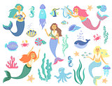 Underwater life collection. Mermaid, sea animals and seaweed on a white background