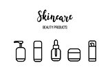 Vector skincare products cosmetics beauty routine line art icons