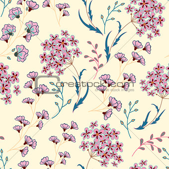 Cute Floral pattern in the small flower. Motifs scattered random. Ditsy print. Seamless vector texture. Printing with small colorful flowers. Pink blue plants on white background.