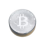 SIlver bitcoin on white background.