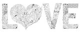 Word love with heart for coloring. Vector decorative zentangle object