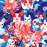 Seamless bright floral pattern love puppies