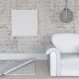 3D blank canvas on grunge brick wall in room interior