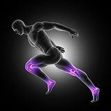 3D male figure in sprinting pose with leg joints highlighted