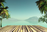 3D wooden deck looking out to a tropical landscape