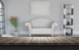 3D wooden table looking out to a defocussed room interior