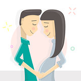 Man touching the belly of his pregnant wife full of love. Cute pregnant woman. Cartoon character. Waiting for baby vector illustration.