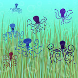 abstract vector underwater background with octopuses and bubbles