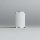 Metal tin can with white paper label