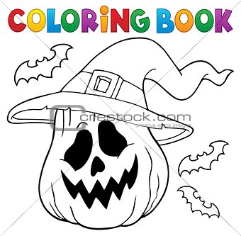 Coloring book pumpkin in witch hat