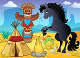 Horse in Native American campsite