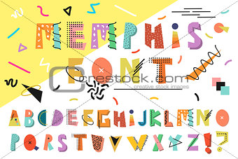 Memphis alphabet. Colorful funny font. Fashion 80s-90.