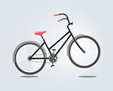 Black bike with red seat isolated on grey background. Vector illustration in cartoon style.