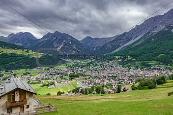 Bormio city and Dolomites top view
