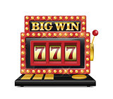 Slot machine for casino, lucky seven in gambling game isolated on white. Jackpot slot big win casino machine. Vector one arm bandit.