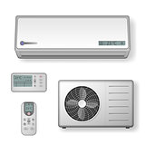 Realistic set of air conditioner with cooling and ventilation equipment isolated on white. vector illustration