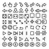 Arrows line icons set, big pack of arrow graphic elements - play, direction, website, mobile app