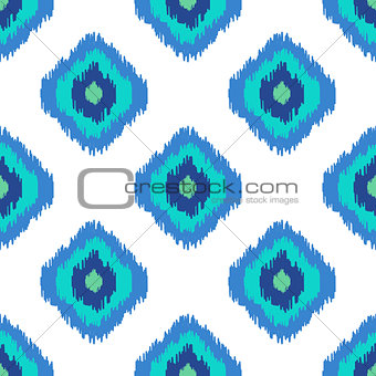Ikat geometric seamless pattern. Turquoise blue collection.