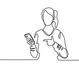 Woman holding mobile phone and pointing finger