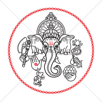 Hindu God Ganesha. Hand drawn tribal style. Vector.