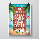 Vector Summer Beach Party Flyer Design with typographic elements on wood texture background. Summer nature floral elements and sunglasses.