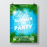 Vector Summer Beach Party Flyer Design with typographic design on nature background with palm trees.