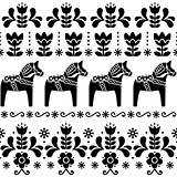 Swedish Dala horse pattern, Scandinavian seamless folk art design with flowers