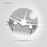 Icon airplane is flying over an island with palms and sea. Black and white illustration.