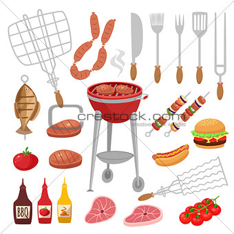Bbq barbecue isolated elements set with outdoor grill rig bottles of sauce raw food and flatware vector illustration