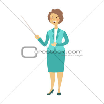 Happy young female business woman or teacher with pointer in hand. Isolated on white background.
