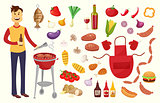 Young man and BBQ party elements isolated on white background.Products BBQ,steak, fish meat, beef, vegetables, herbs, fast food , wine and beer. The elements of the meal in a frame of sausages