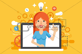 Vector illustration woman with idea lamp light bulb above head and index finger up in flat style