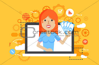 Vector illustration woman money in hand online marketing management flat style in flat style