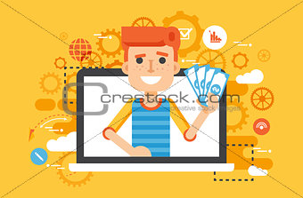 Vector illustration man money in hand online marketing management flat style in flat style