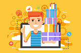 Vector illustration man thumbs up in laptop notebook with lot of shopping packing boxes of gifts in flat style