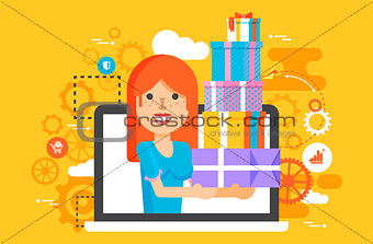 Vector illustration woman in laptop notebook with lot of shopping packing boxes of gifts in flat style