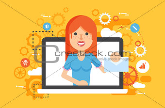 Vector illustration woman laptop notebook delivery receive of letter posts in flat style